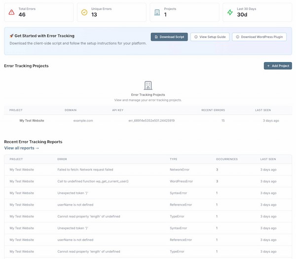 MetricPoints event tracking dashboard showing JavaScript events, error rates, and real-time alerts